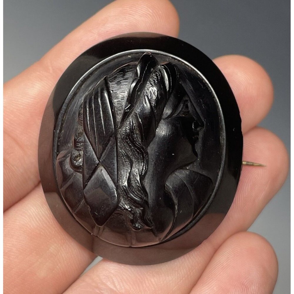 Antique Victorian Whitby Jet Hand Carved Mourning Brooch Pin Cameo Neoclassical